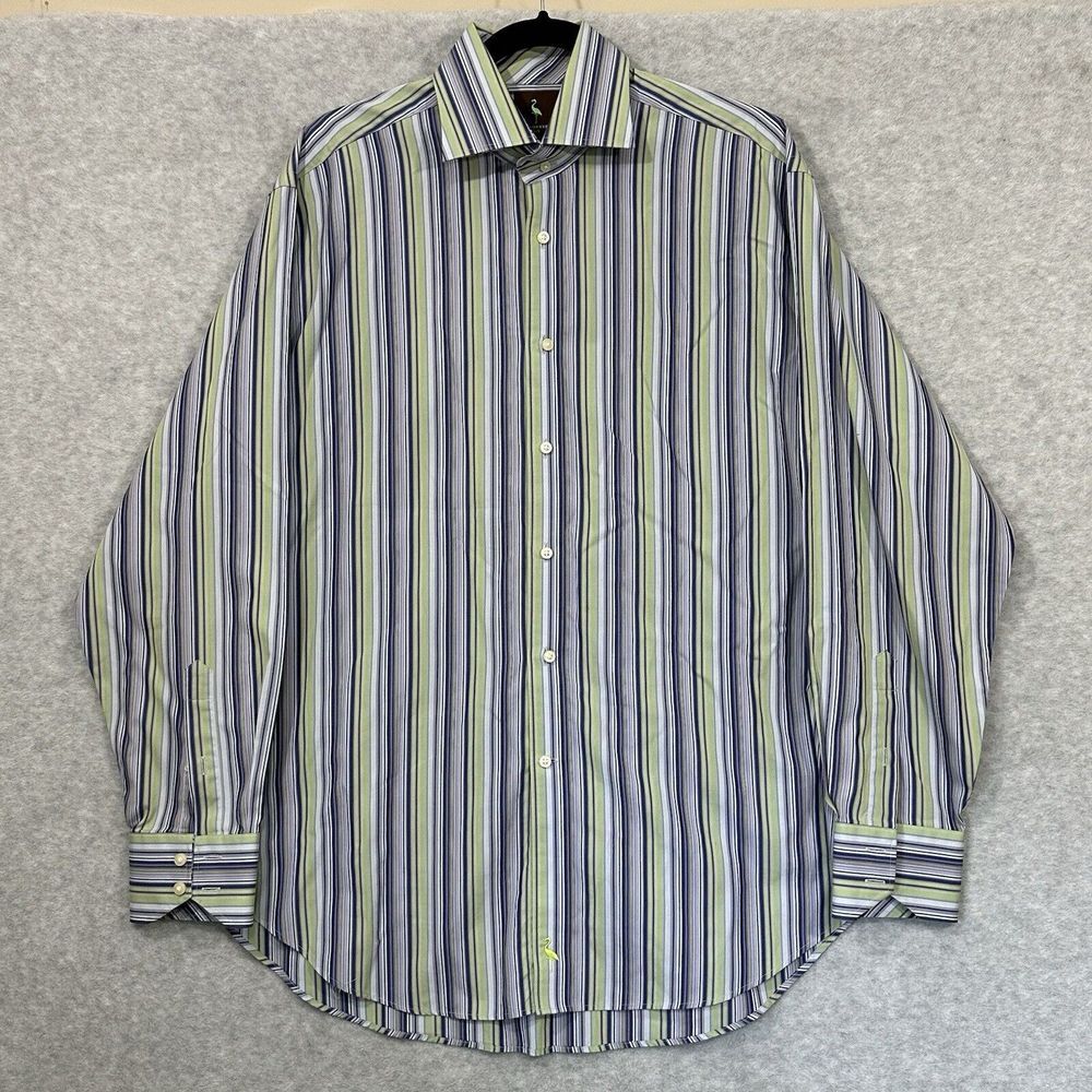 Tailorbyrd Mens Large  Long Sleeve Button‎ Up Blue/ Green Stripe Shirt